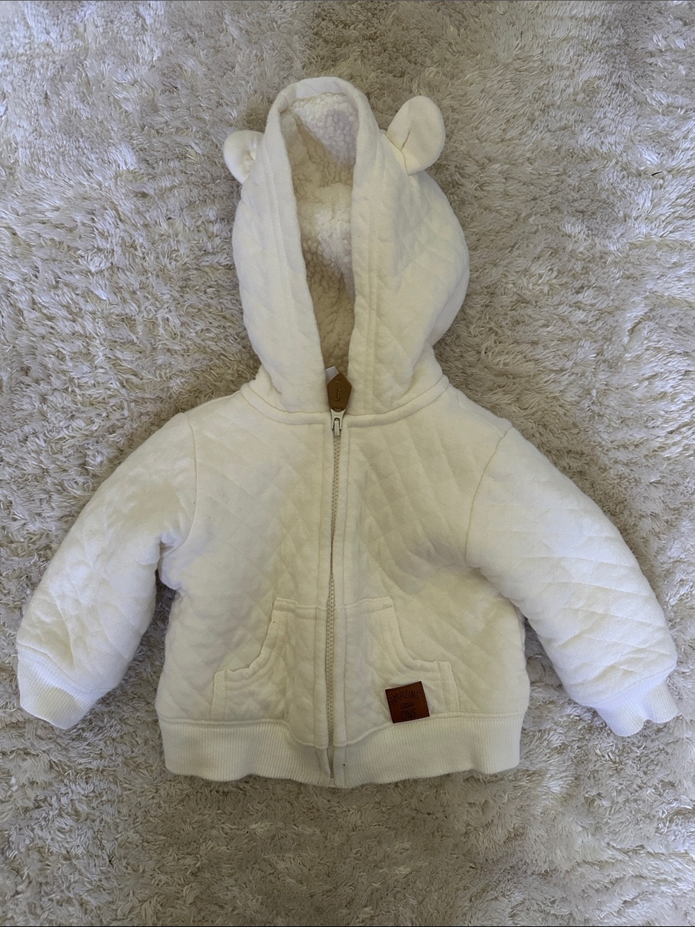 3-6M Cream Quilted Baby Hoodie with Bear Ears